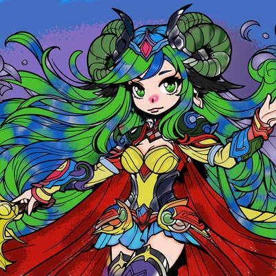 a fantasy girl with powers, horns and armour, as well as lots of long flowing hair