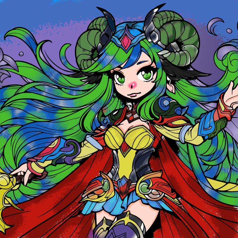 a fantasy girl with powers, horns and armour, as well as lots of long flowing hair