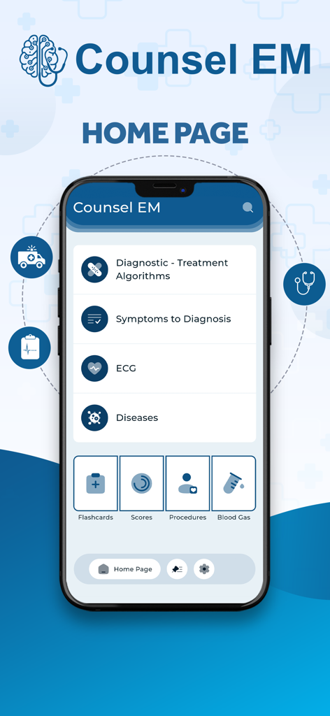 Counsel EM - Pantalla de inicio de la aplicación Counsel EM que muestra funciones de diagnóstico y tratamiento médico para médicos