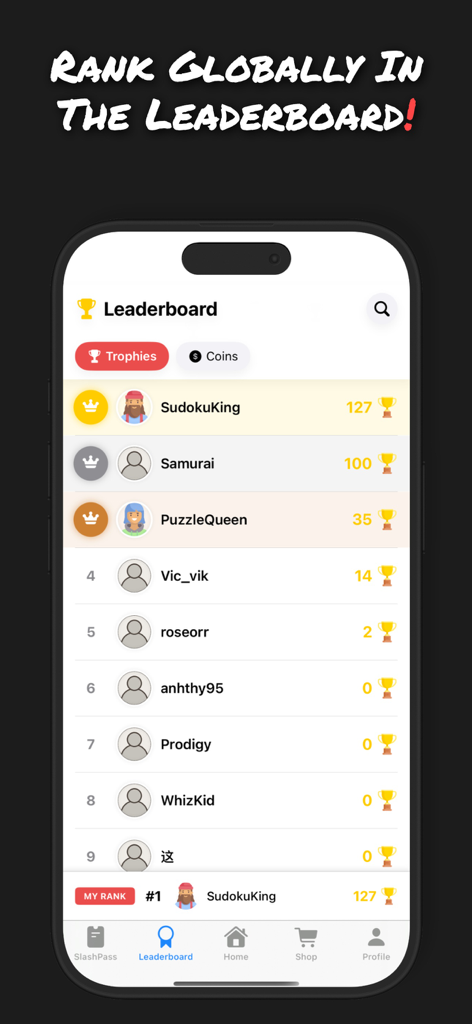 Sudoku Multiplayer Puzzles - Classifica globale in Sudoku Slash che mostra le classifiche dei giocatori competitivi e il numero di trofei