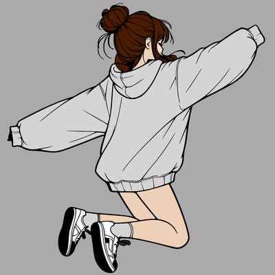 realistic girl jumping with a bun and oversized sweatshirt