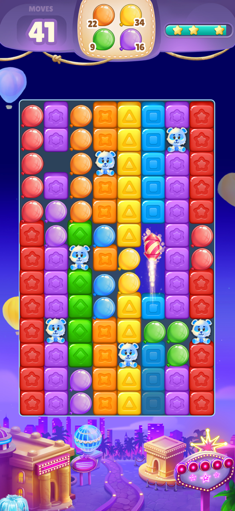 Cube Rush Adventure - Tela de jogo do Cube Rush Adventure com blocos coloridos, ursinhos de pelúcia e um impulsionador de foguete.