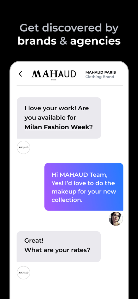 Kavyar Photography Network - A professional chat interface in the Kavyar app where a clothing brand reaches out to a creative for Milan Fashion Week