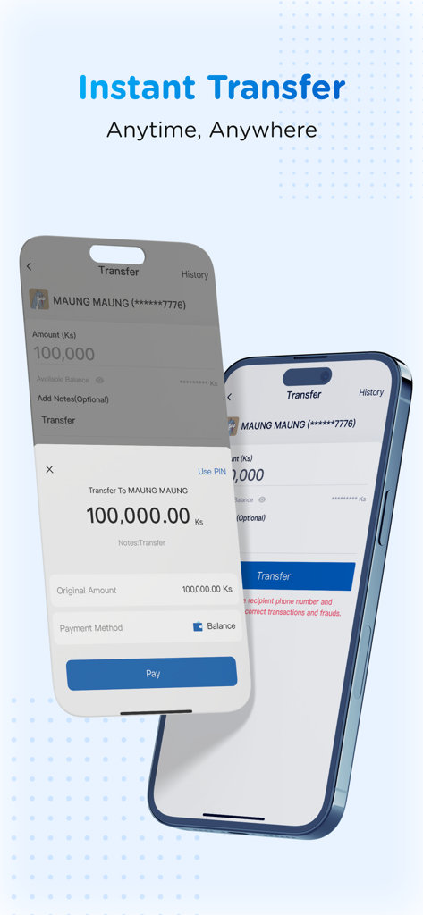 KBZPay Customer - KBZPay mobile app interface showing an instant money transfer process with confirmation screen
