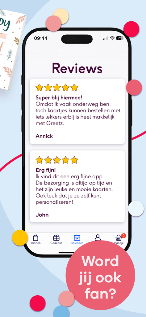 Capture d'écran de l'application Greetz affichant les avis positifs des utilisateurs et des évaluations cinq étoiles.