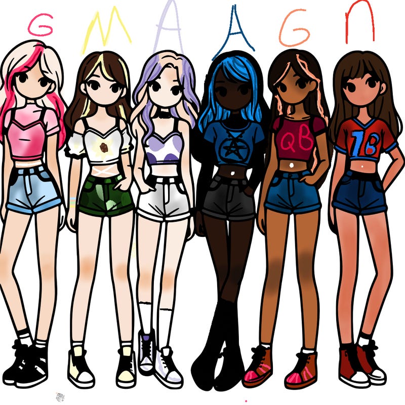 a group of girls wearing crop tops and shorts