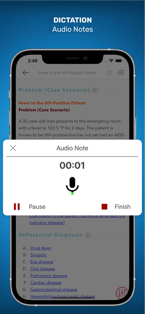 Audio notes and dictation feature interface in the Internal Medicine On Call medical app