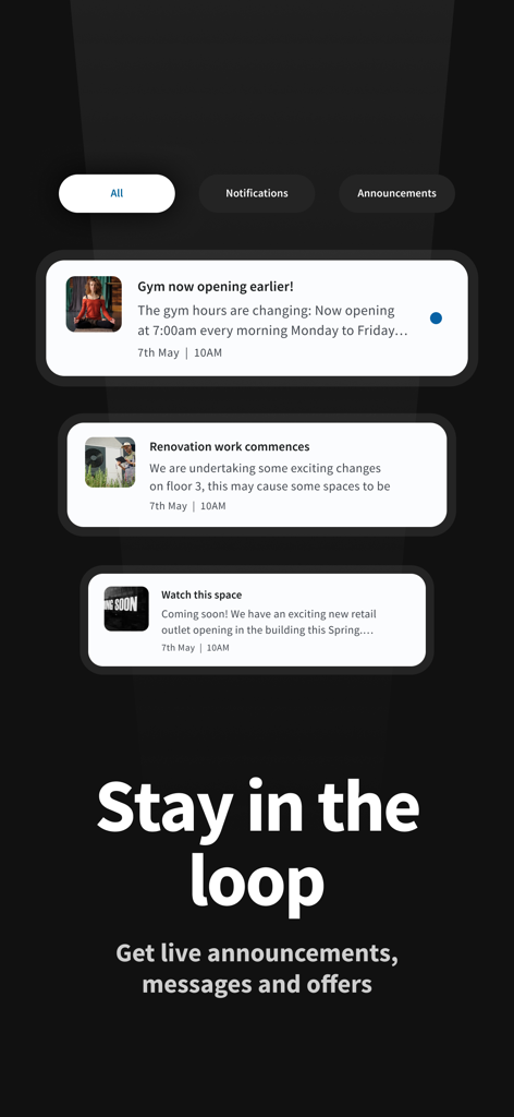 IBSS Roamer X - A mobile interface for IBSS Roamer X displaying a feed of building announcements and notifications like gym hours and renovation updates.