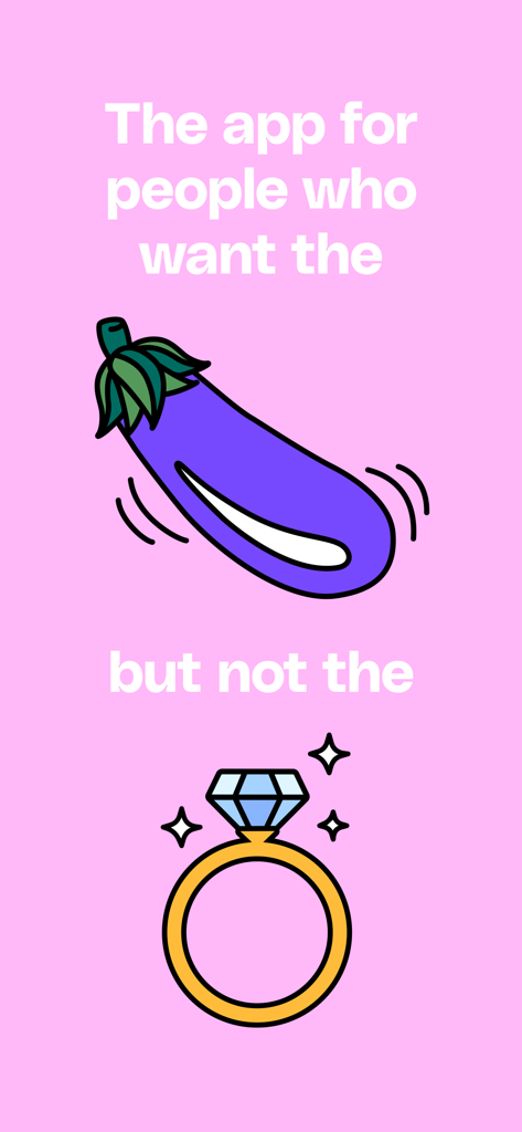 HUD™ Bedroom Dating App - Gráfico de marketing para la aplicación HUD que muestra iconos de berenjena y anillo para representar las citas casuales en lugar del matrimonio.