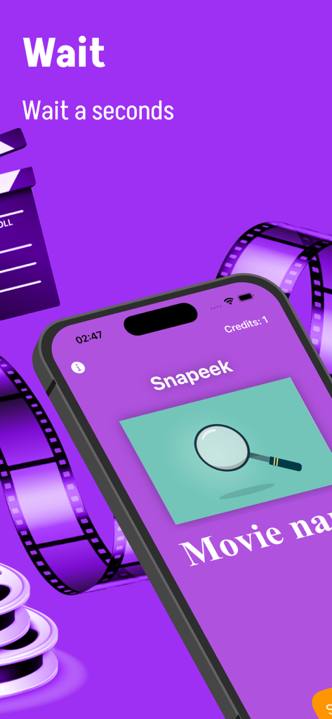Interfaccia dell'app Snapeek che mostra l'elaborazione della ricerca del film con pellicole e ciak cinematografici