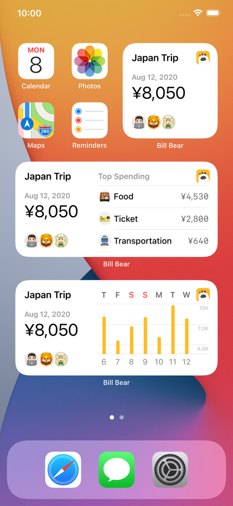 Bill Bear iOS home screen widgets showing travel expenses and spending analysis for a Japan trip.