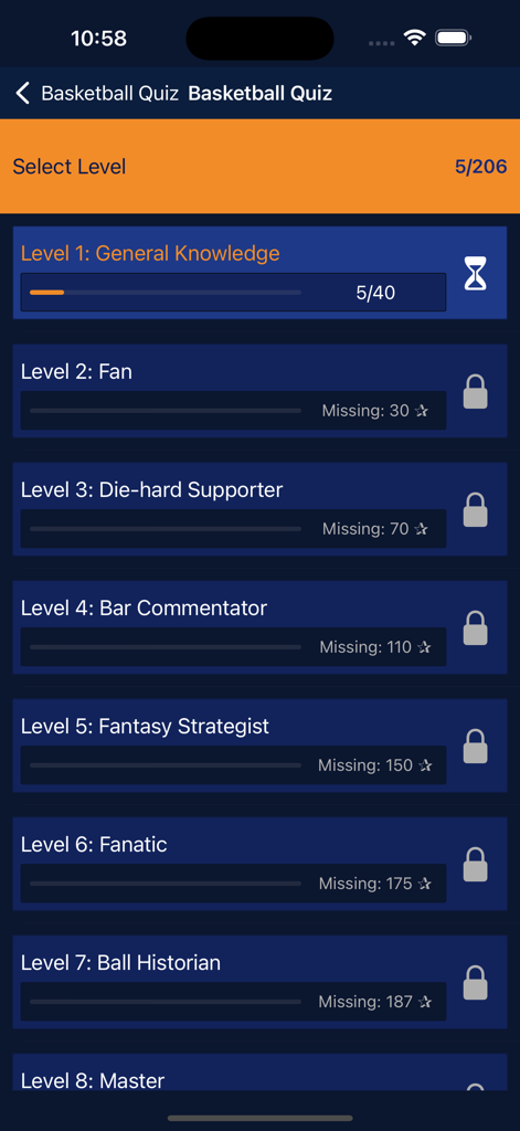 Level selection screen of the Basketball Ultimate Quiz app showing various difficulty levels from General Knowledge to Master.