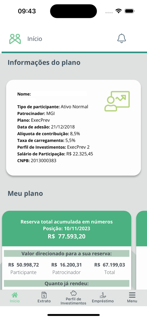 퇴직 연금 플랜 세부 정보와 총 누적 잔액을 보여주는 Funpresp 모바일 앱 인터페이스