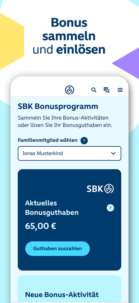 Meine SBK - A screenshot of the Meine SBK app displaying the health bonus program dashboard with a 65 euro balance