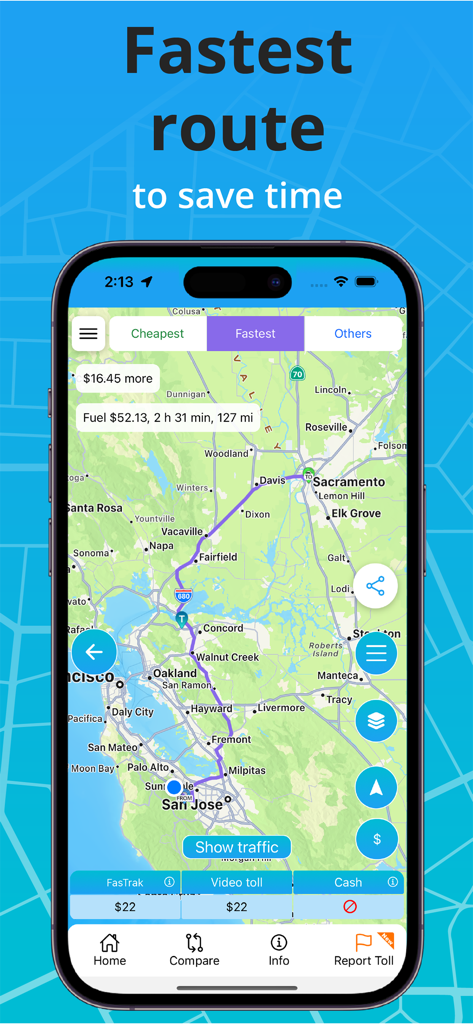 Toll & Gas Calculator TollGuru - Screenshot of the TollGuru app showing the fastest route from San Jose to Sacramento with estimated toll and fuel costs.