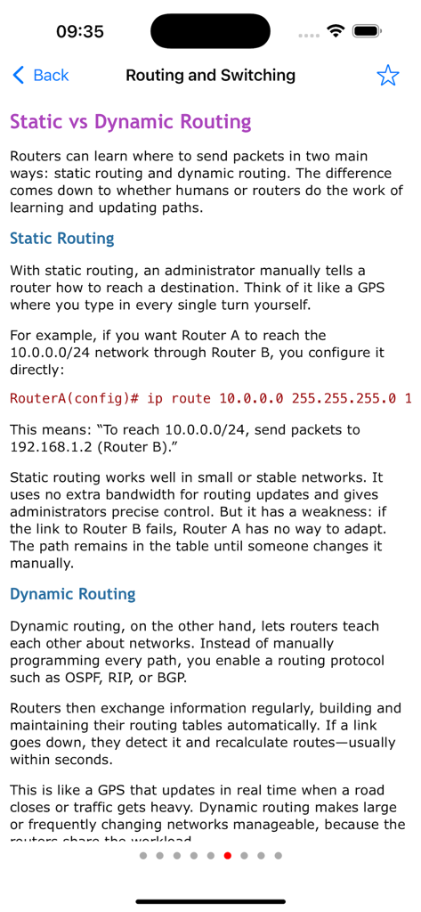 Learn Computer Networking - Tutorial screen explaining the differences between static and dynamic routing in the Learn Computer Networking app