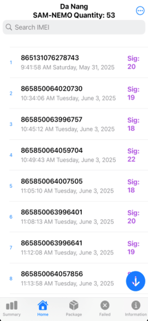Sam Database - Searchable list of IMEI numbers with timestamps and signature values in the Sam Database app