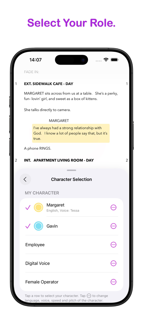 Script Buddy app character selection screen showing role assignments for rehearsal