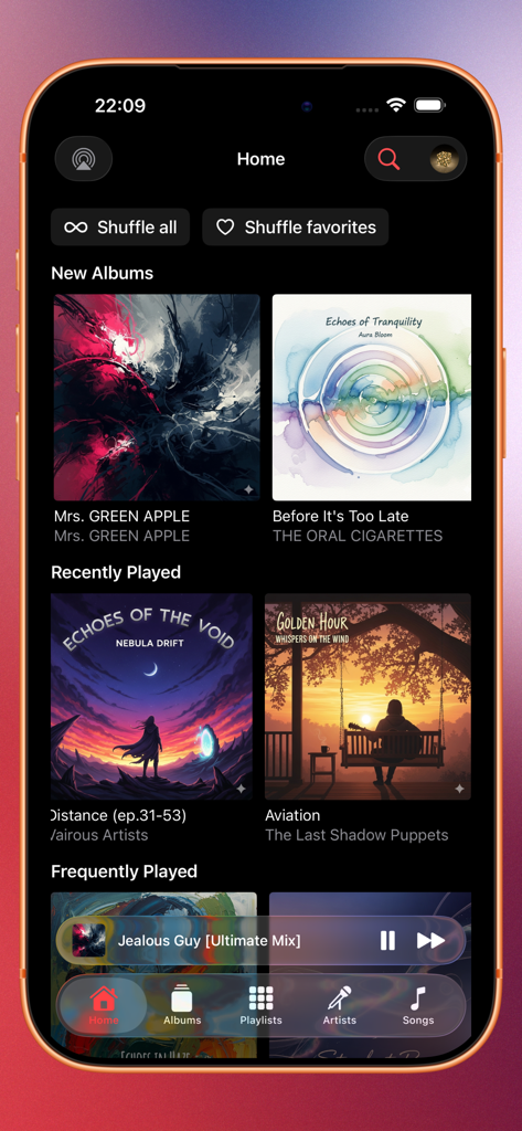 Pantalla de inicio de la aplicación Finer Player mostrando álbumes de música y controles de reproducción en una interfaz nativa de iOS