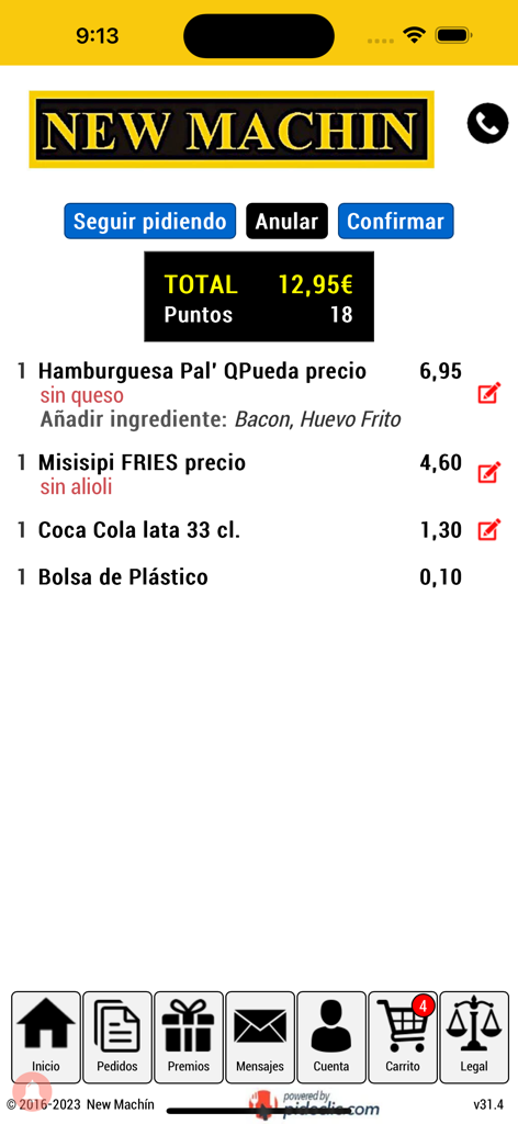 Pantalla de resumen del pedido en la aplicación New Machin que muestra el precio total de los alimentos y los puntos de fidelidad