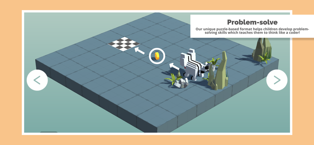 Rodocodo: Code Hour - Um nível de jogo de quebra-cabeça de programação 3D apresentando um personagem gato em uma grade projetado para ensinar resolução de problemas para crianças.