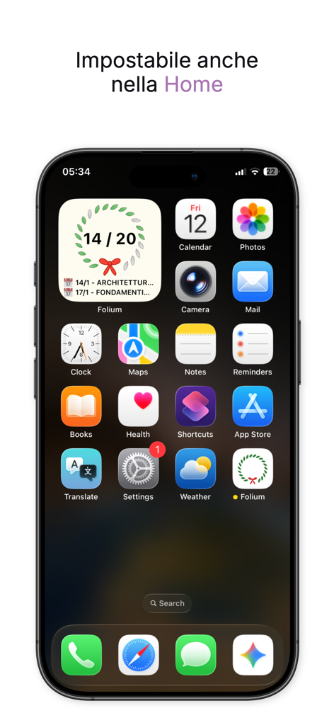 iPhone home screen showing the Folium widget with a laurel wreath progress tracker and exam schedule