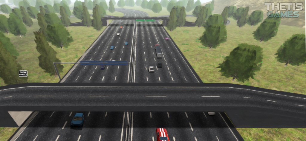 Truck Simulator 2 - Europe - Vista aérea de arriba hacia abajo de una autopista de varios carriles con tráfico y árboles en Truck Simulator 2 Europe