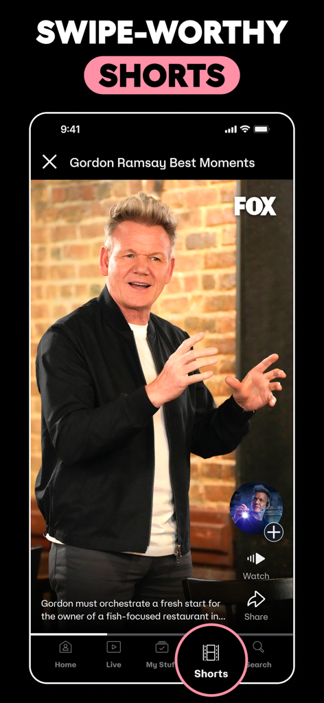 FOX One: Live News, Sports, TV - Fox Oneアプリ。Gordon Ramsayの縦型ショート動画が表示されています。