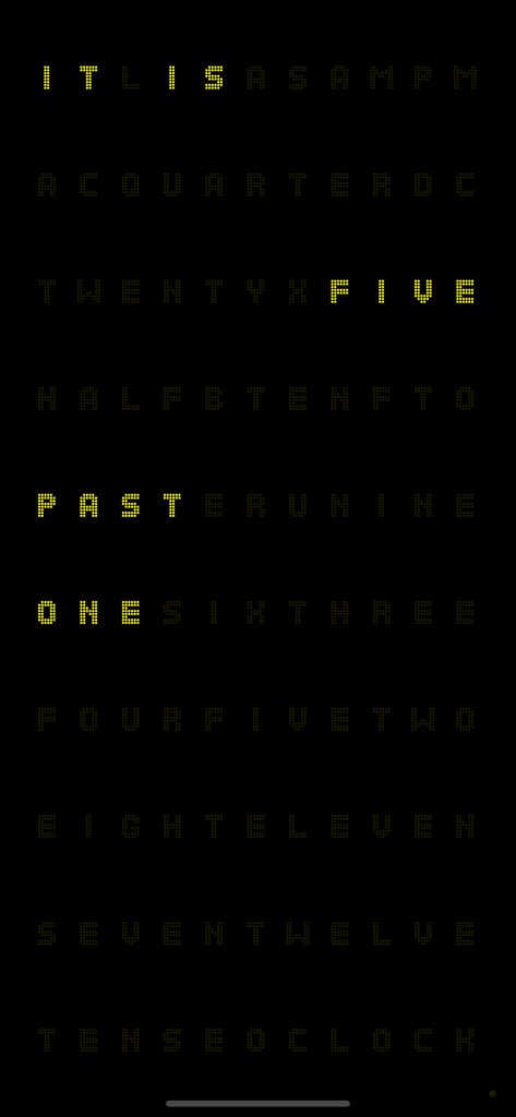 Pixel Clock - Retro Style - Retro pixel word clock interface displaying it is five past one