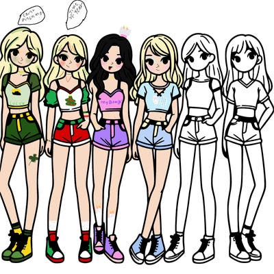 a group of girls wearing crop tops and shorts