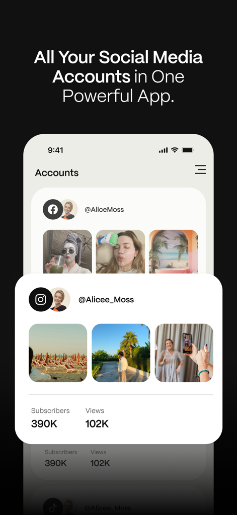 Carl for Social - Interface of Carl for Social app displaying multiple connected social media accounts with follower counts and views