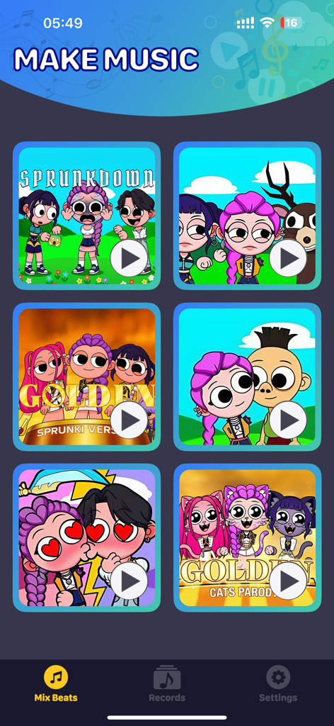 The music creation menu of Record Box showing different animated beat styles with cartoon characters.