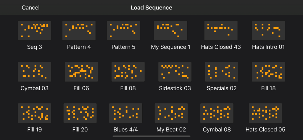 Load Sequence screen in Rhythm Pad Pro showing a grid of saved drum patterns and fills