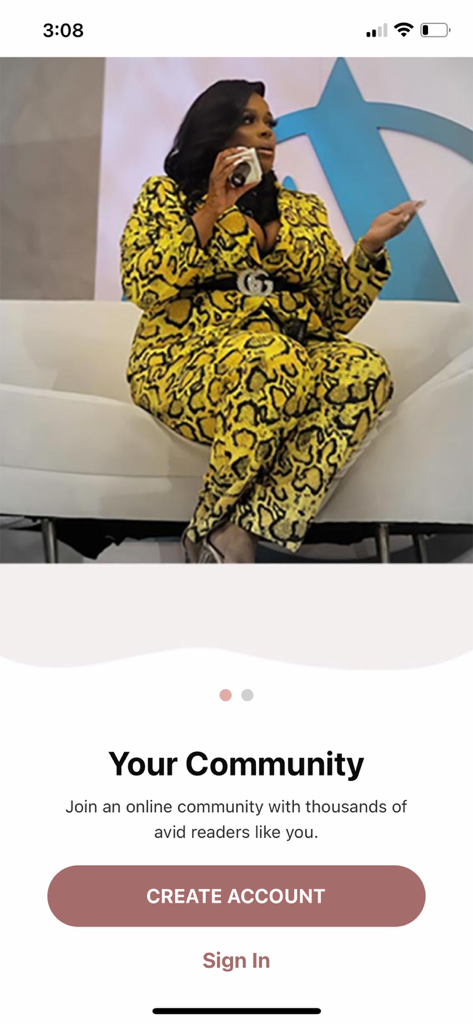 Book Lovers App onboarding screen featuring author Ashley Antoinette and options to create an account or sign in.