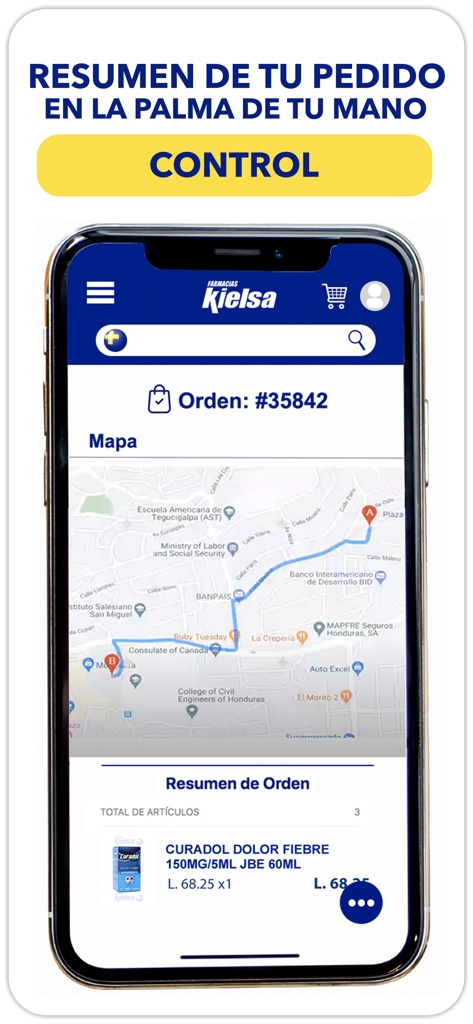 Farmacias Kielsa - Farmacias Kielsa app interface showing order summary and delivery route on a map
