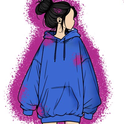 realistic girl with a oversized sweatshirt on and a bun