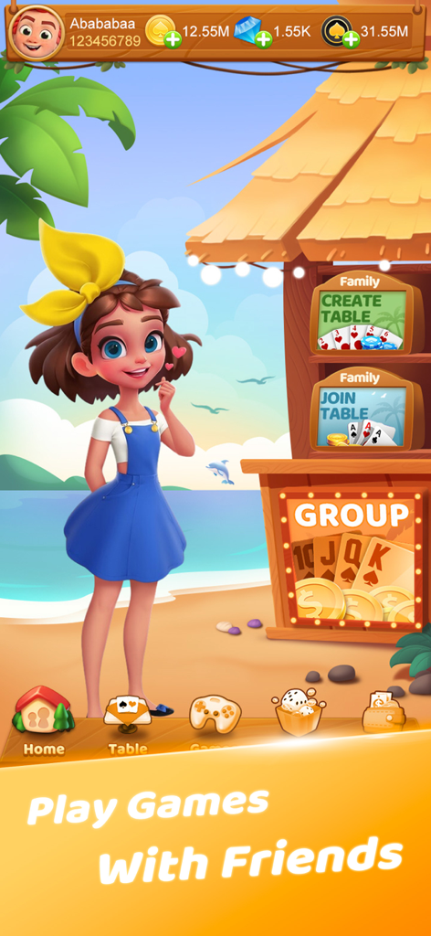 Tongits Lin - Tongits Lin mobile game lobby showing options to create or join a family table with a beach background