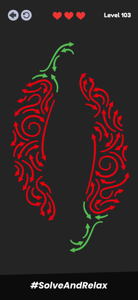 Arrow Flow: Tap Out Puzzle - Pantalla de juego de Arrow Flow mostrando flechas rojas y verdes en un complejo puzzle minimalista sobre un fondo oscuro.