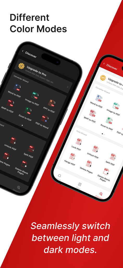 Convert to PDF : PDF Scanner - 두 모바일 장치에서 라이트 및 다크 색상 모드로 PDF로 변환: PDF 스캐너 앱 인터페이스를 시연하는 모습.
