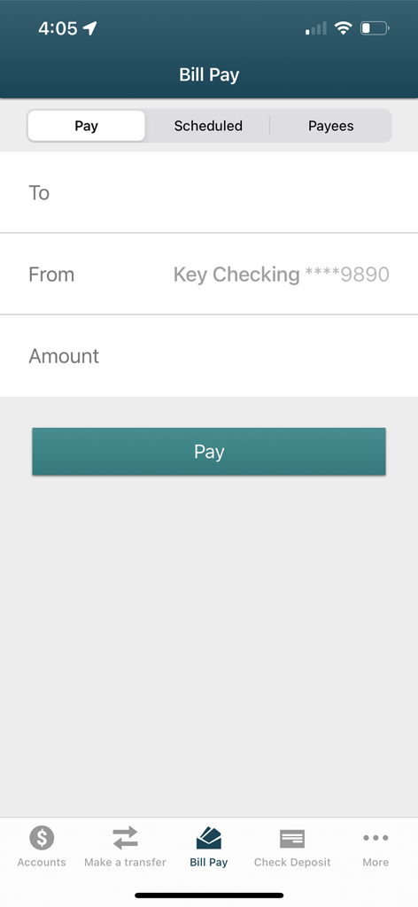 Oberfläche zur Rechnungszahlung der Essential Credit Union Mobile App mit Feldern für Empfänger, Absender und Betrag.