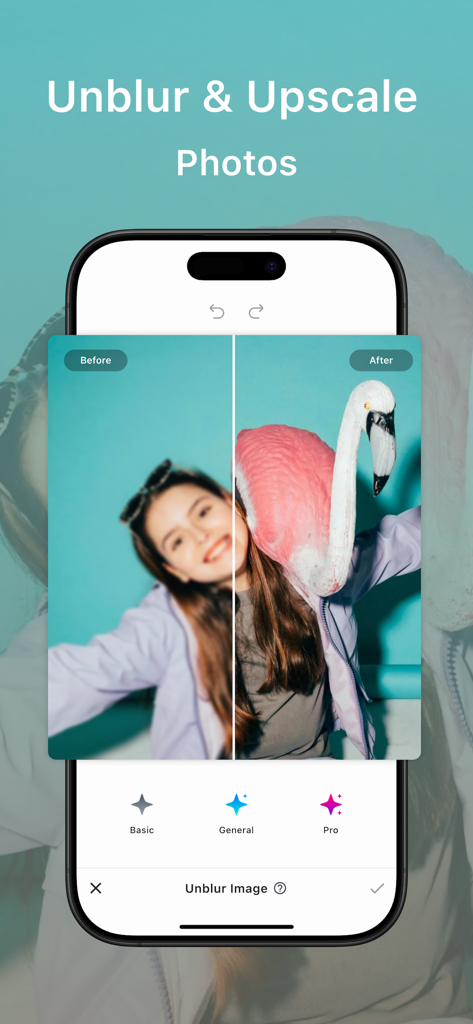 Unblur Image - AI Enhancer - 흐릿한 사진을 선명한 HD 이미지로 향상시킨 모바일 앱 화면의 분할 화면 비교
