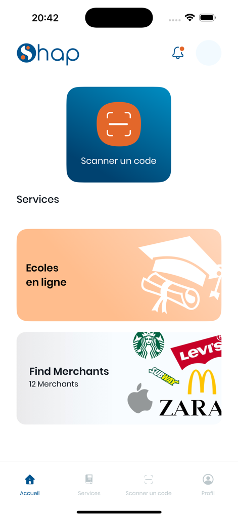 SHAP - Pantalla de inicio de la aplicación móvil SHAP con un escáner de códigos y categorías de servicios como escuelas en línea y comerciantes locales.