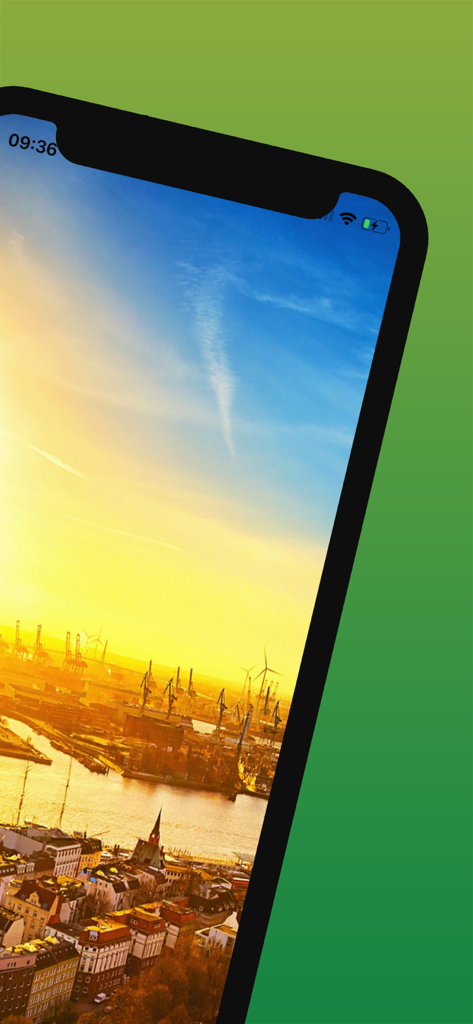 여행 가이드 앱 내에서 함부르크 항구의 일몰 풍경을 표시하는 스마트폰 화면