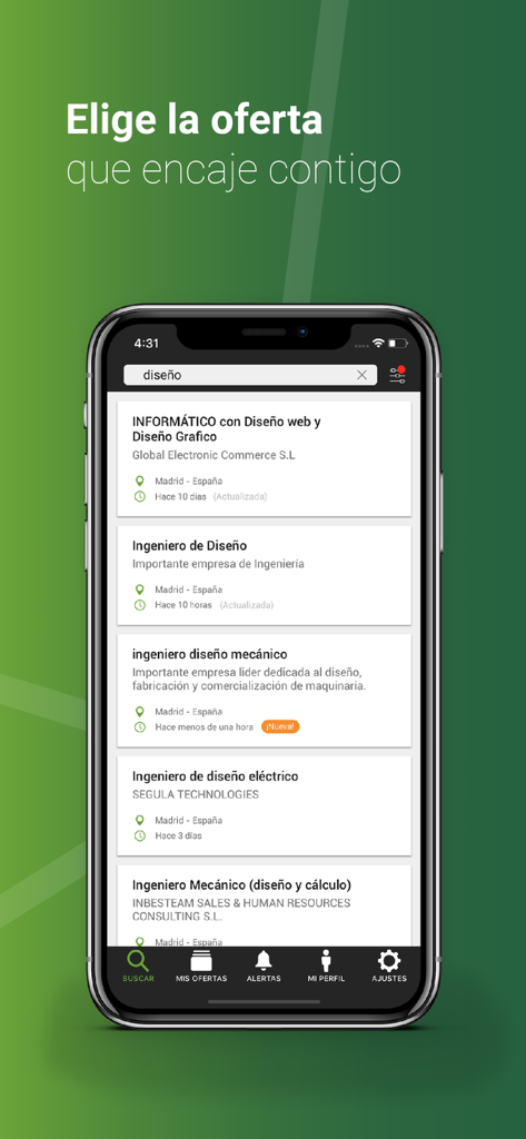 Infoempleo -Trabajo y empleo - 스페인어로 된 디자인 구직 기회 목록을 보여주는 모바일 앱 화면