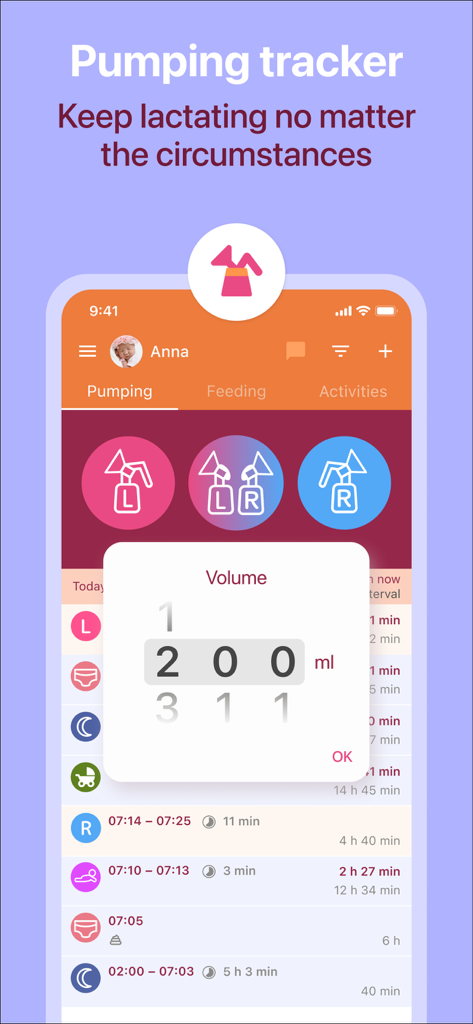 Breastfeeding Newborn tracker - Aplicación Rastreador de Lactancia de Recién Nacidos que muestra la interfaz de registro de volumen de extracción de leche.