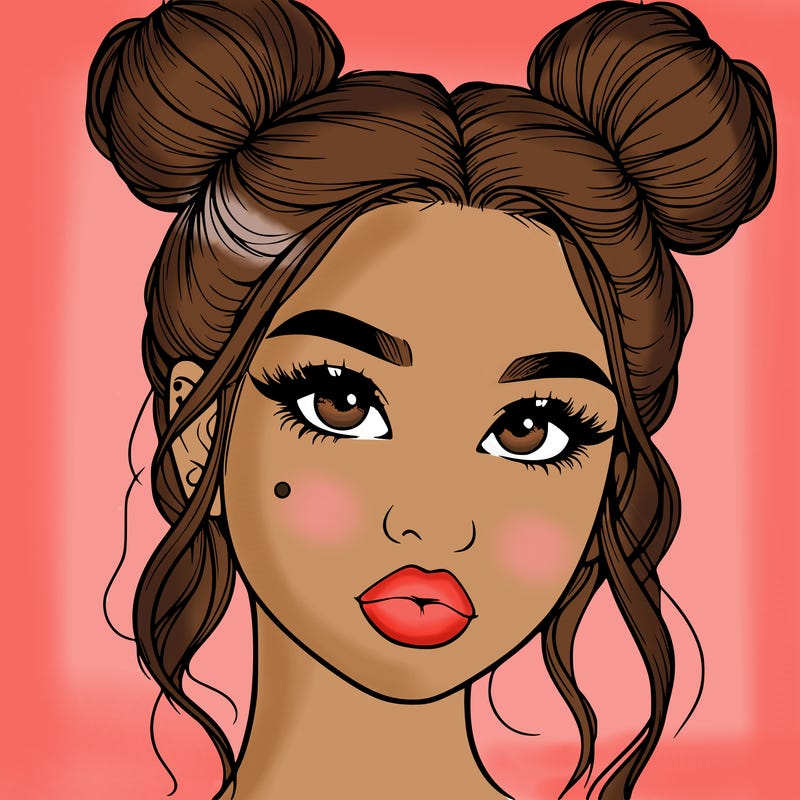 realistic girl with two buns on her hair and lips