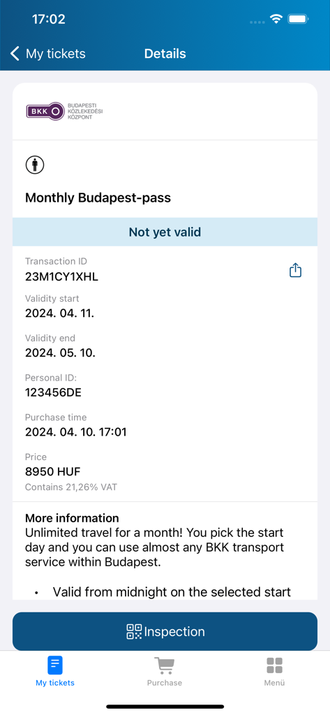 Dettagli del biglietto dell'abbonamento mensile di Budapest nella schermata dell'app mobile Mobiljegy