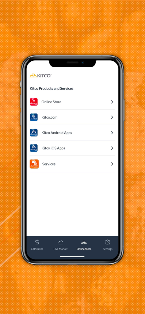 Metalynx - Metalynx app interface showing the Kitco products and services menu with links to the online store and websites
