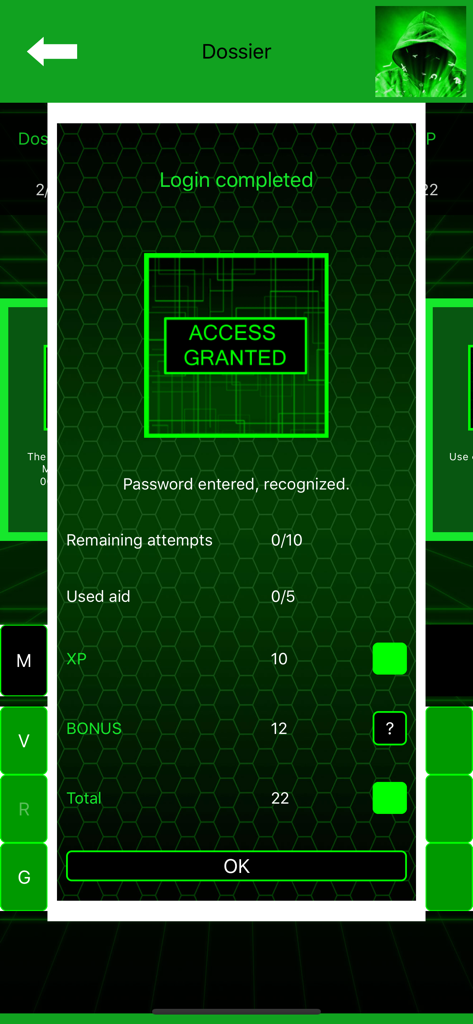 Hacking Game HackBot - アクセス許可とゲーム統計が表示されたログイン成功メッセージを示すHackBotからのモバイルゲーム画面
