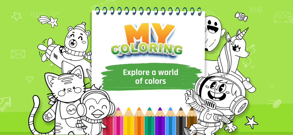 Art Coloring Book: Magic Color - 귀여운 만화 캐릭터와 색연필이 등장하는 디지털 컬러링 북 앱 시작 화면